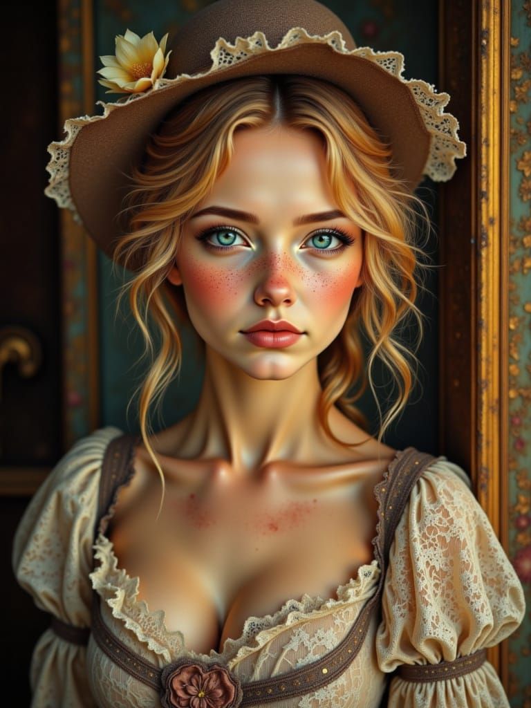 English Maiden in 1860s Fashion with Freckles