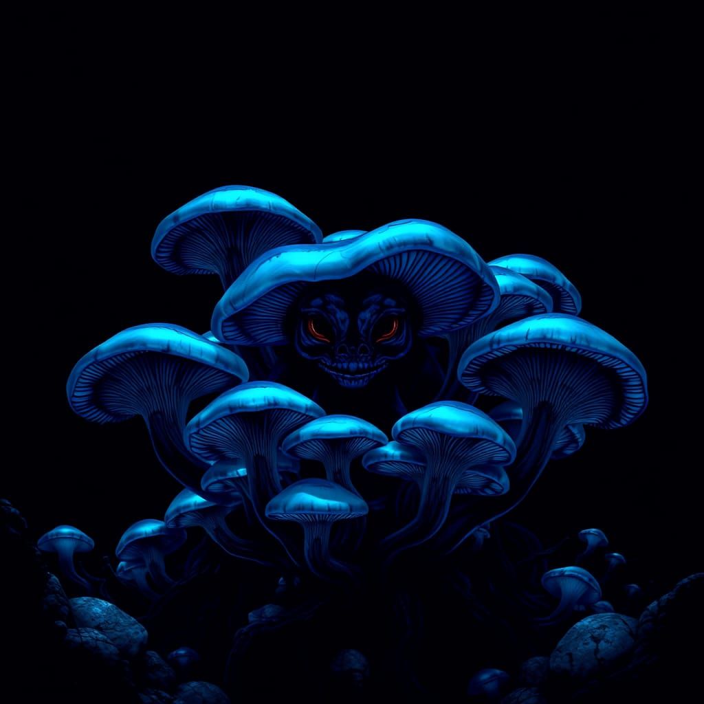 Bioluminescent Mushrooms and Abyssal Creature in Pop Art Sty...