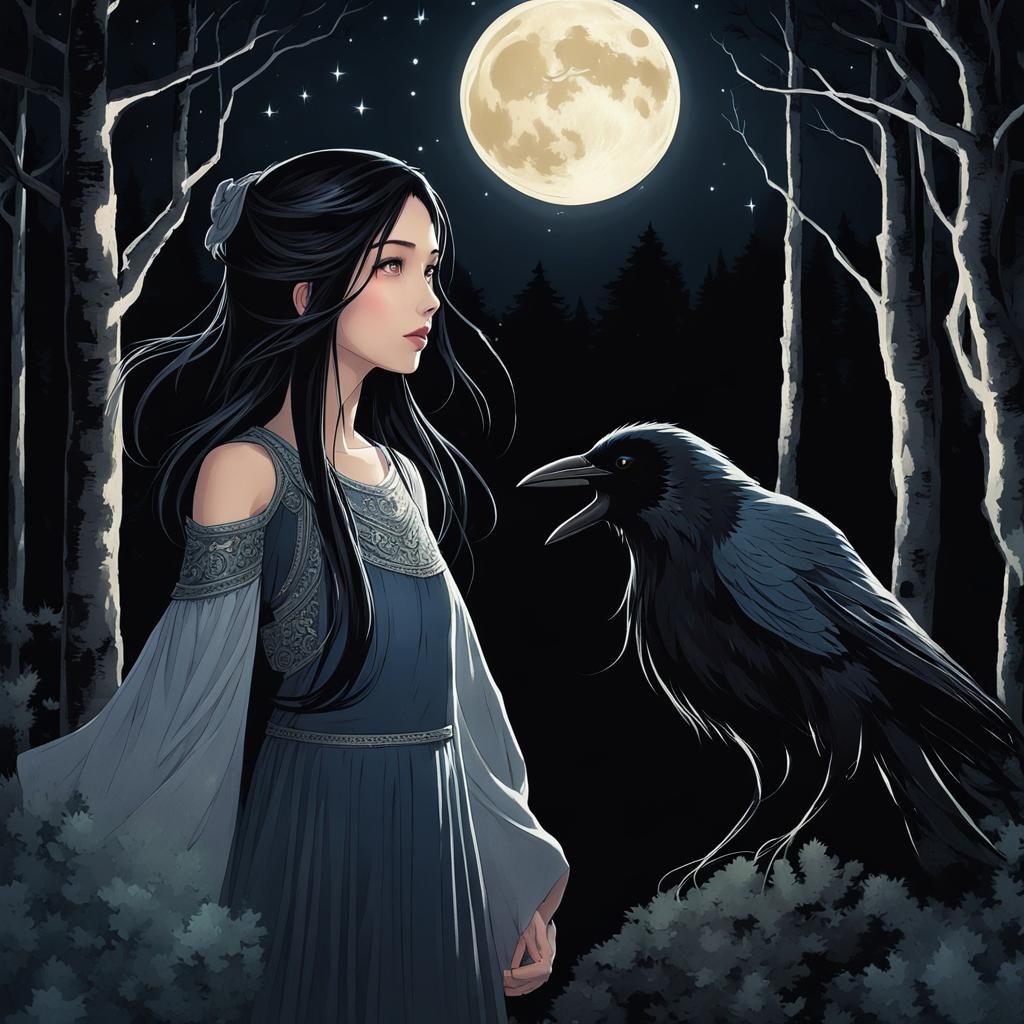 Girl in Forest at Midnight Under Moonlight