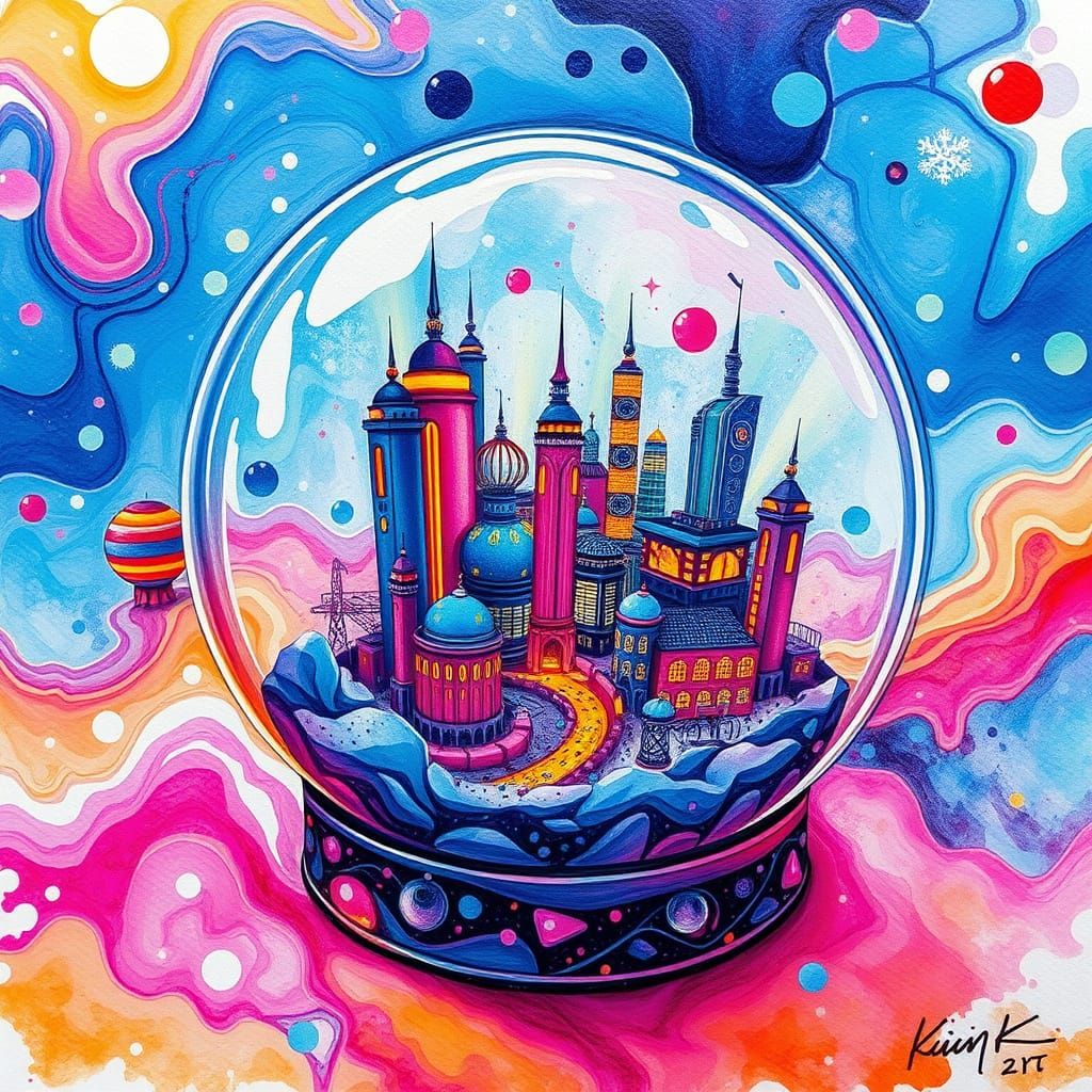 Cyberpunk City in Snow Globe: Alcohol Ink Art