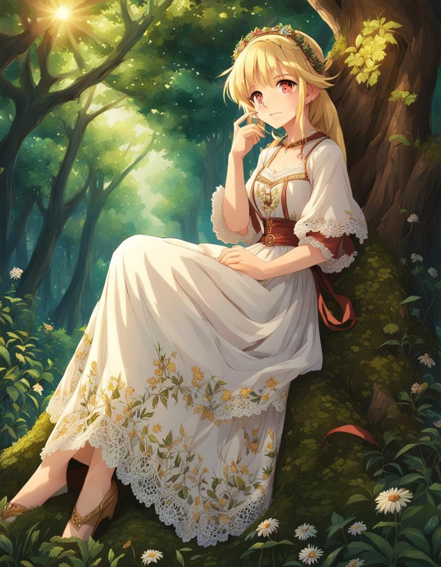 Anime Girl in Lace Dress in Forest Glade