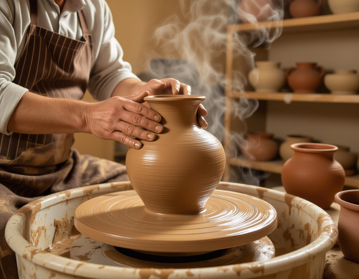 Artistic Pottery Scene: Hands Shaping Clay Vase