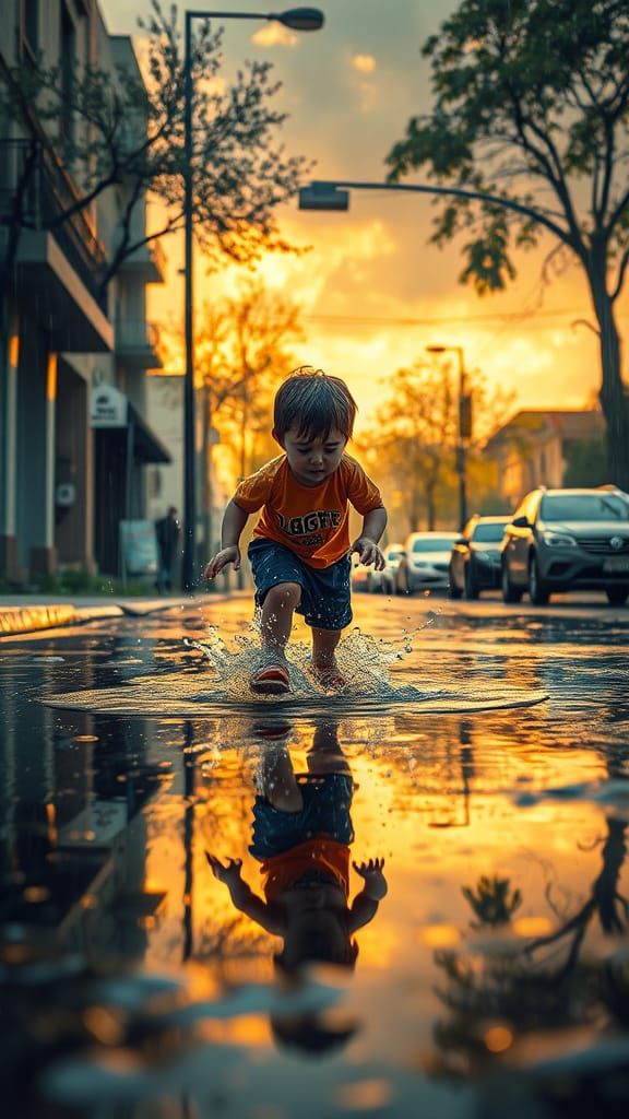 Child Splashing in Puddles: Golden Age Graffiti Art