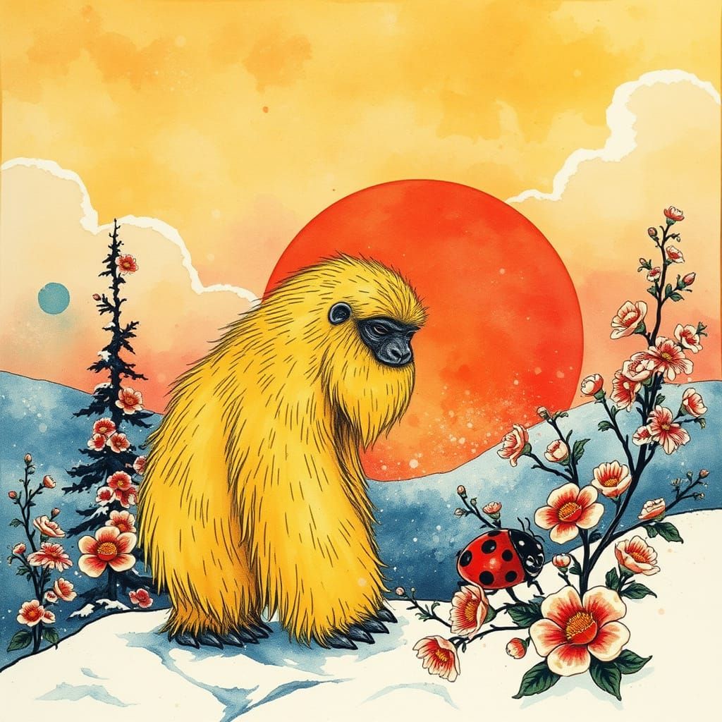 Whimsical Steampunk Yeti in a Vibrant Sunset Wonderland