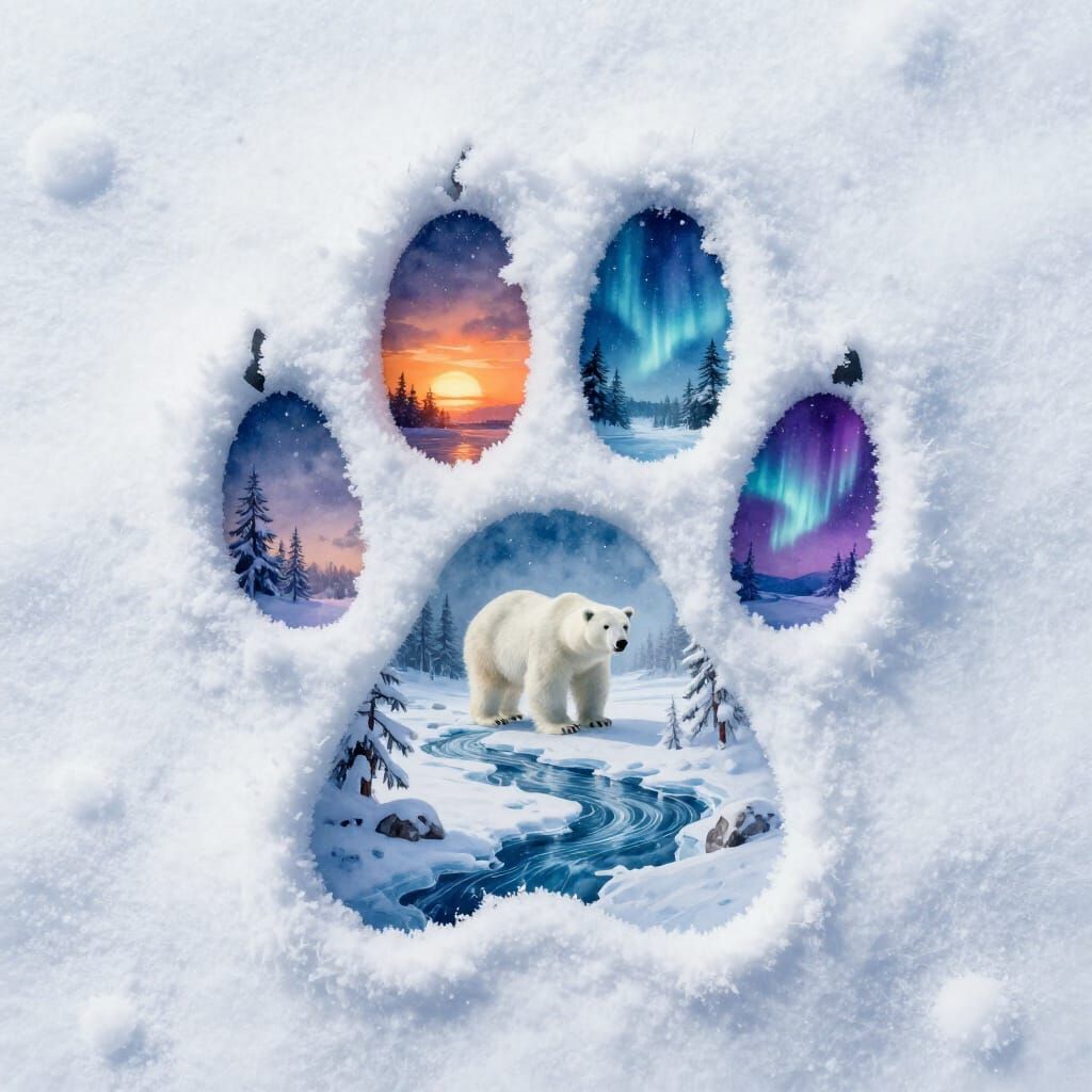 Detailed Paw Print in Snow with Winter Scenes