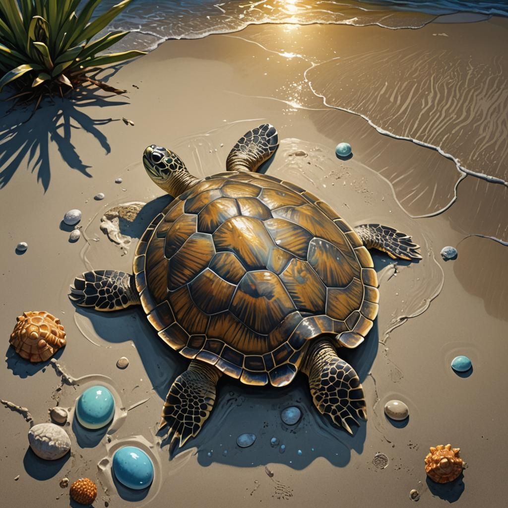 Moonlit Turtle Laying Eggs: Digital Art Rendering
