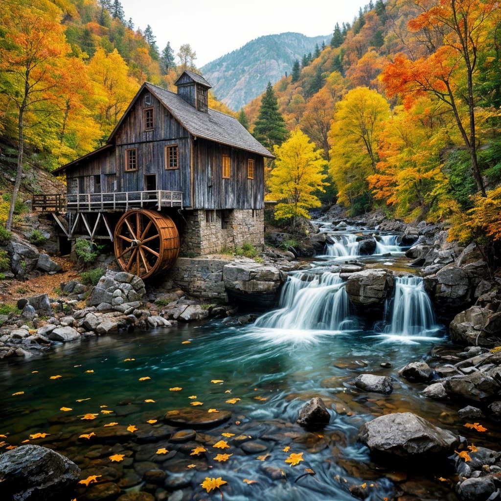 Rustic Mountain Watermill in Autumn with Waterfall
