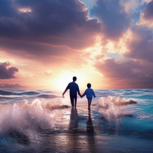 Family Walks on Beach at Sunset: Hyperrealistic Art