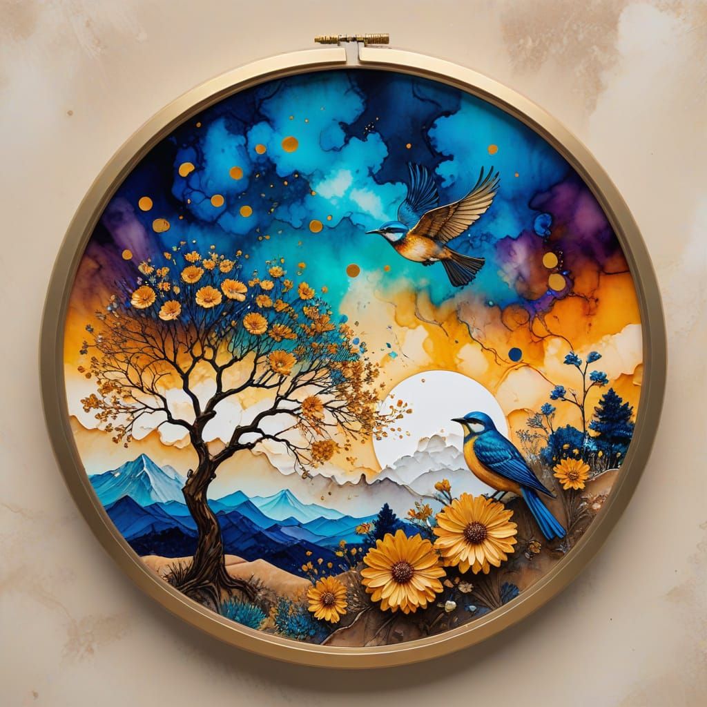 Alcohol Ink Art Featuring Clouds, Daisies, and Bird in Gold ...