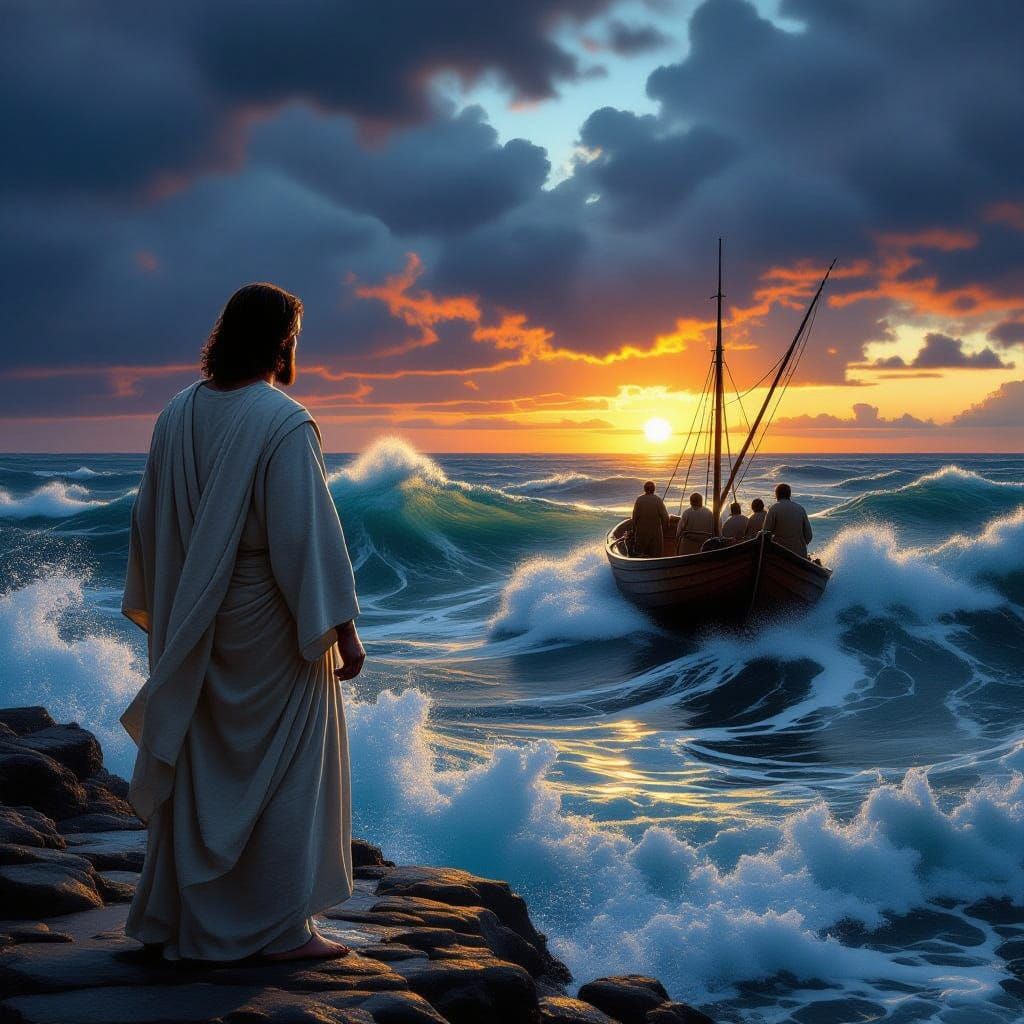 Jesus on Stormy Lake at Sunset