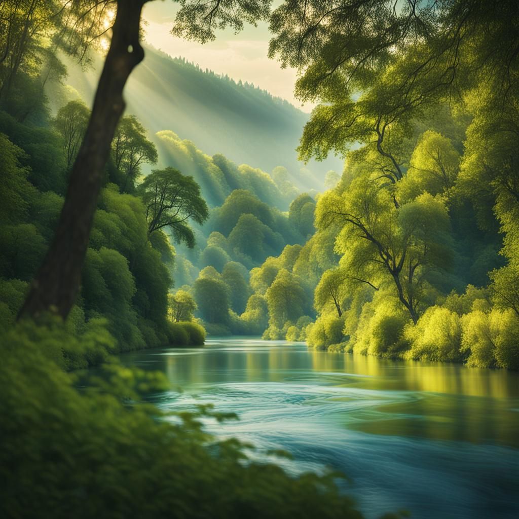 Serene River Flows Through Lush Green Valley
