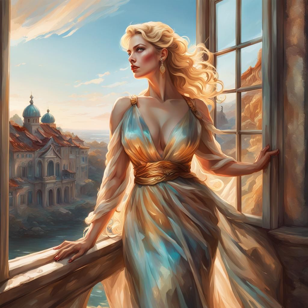 A beautiful  woman stands  in a beautiful dress