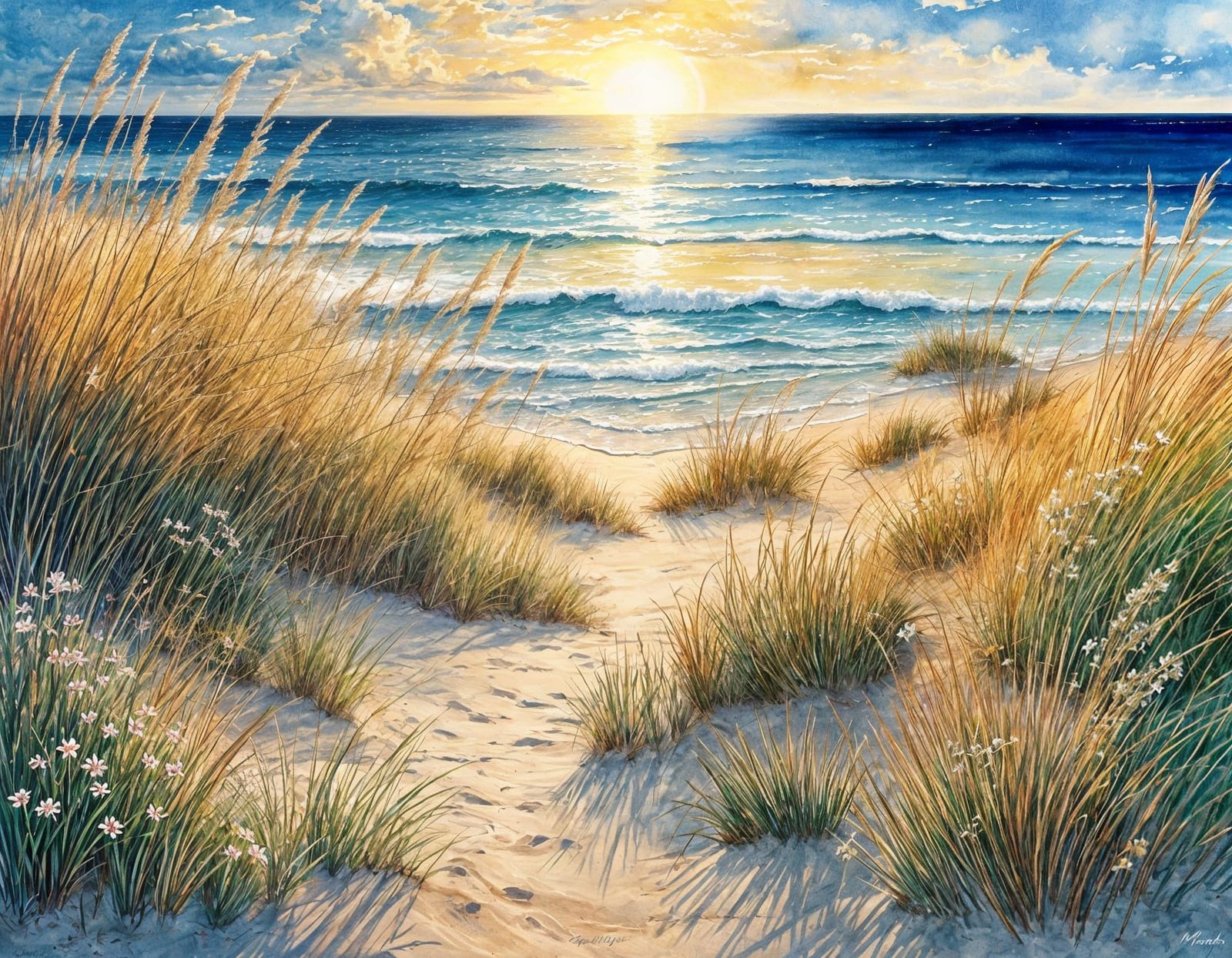 Luminous Watercolor Beach Sunset with Golden Accents