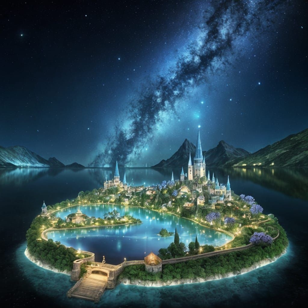 Hobbit Town on Lake with Abstract Flowers