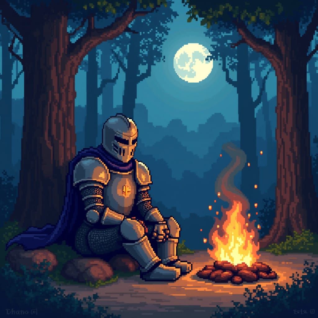Pixel Knight Contemplates by Moonlit Campfire