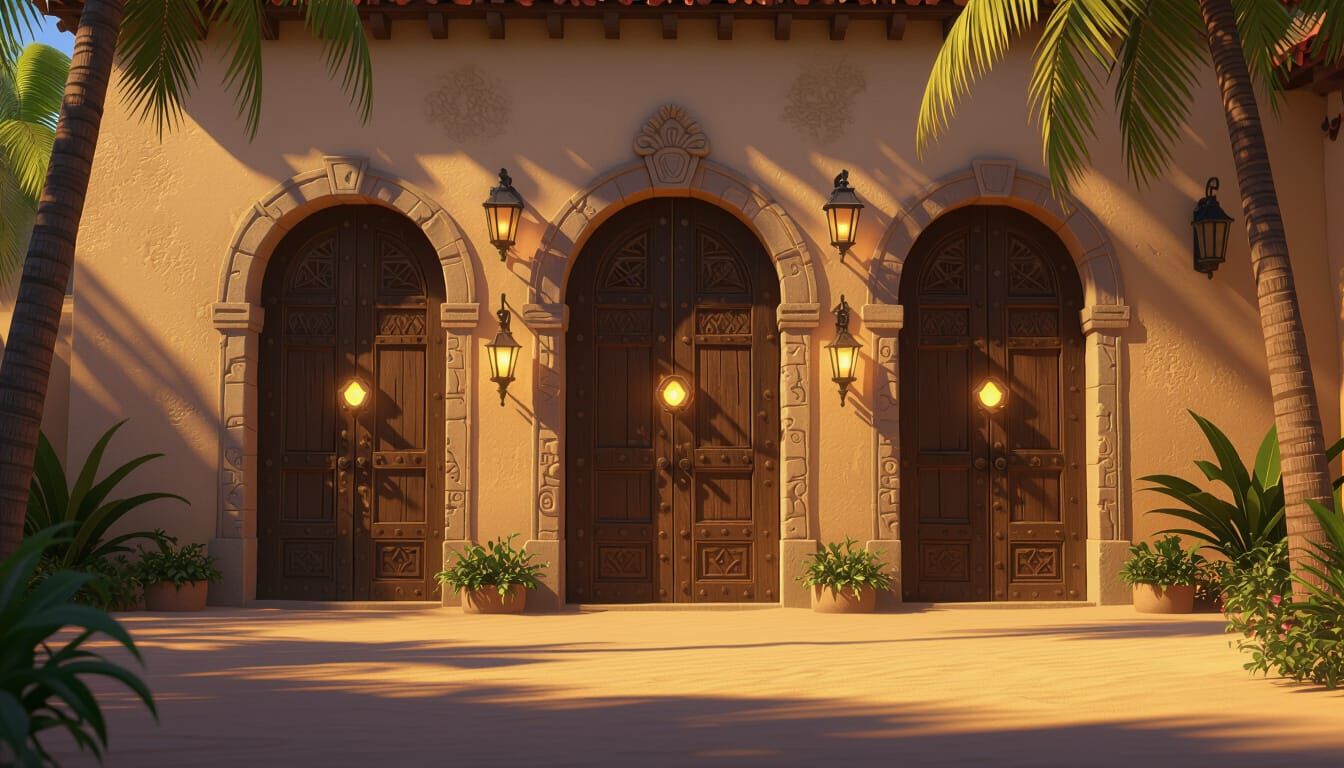 Glowing Doors in Sandy Courtyard, 3D Pixar Style