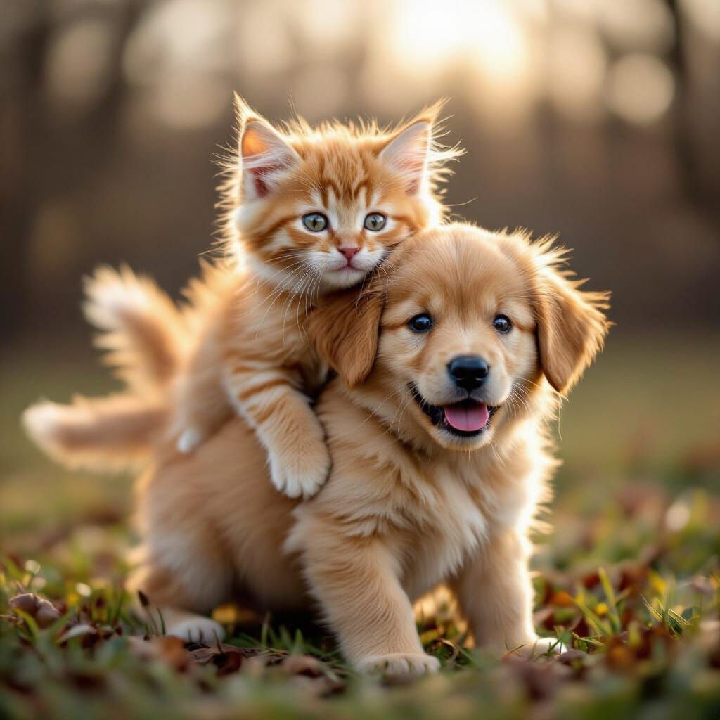 Cute Kitten Rides Golden Retriever Puppy in Cinematic Style
