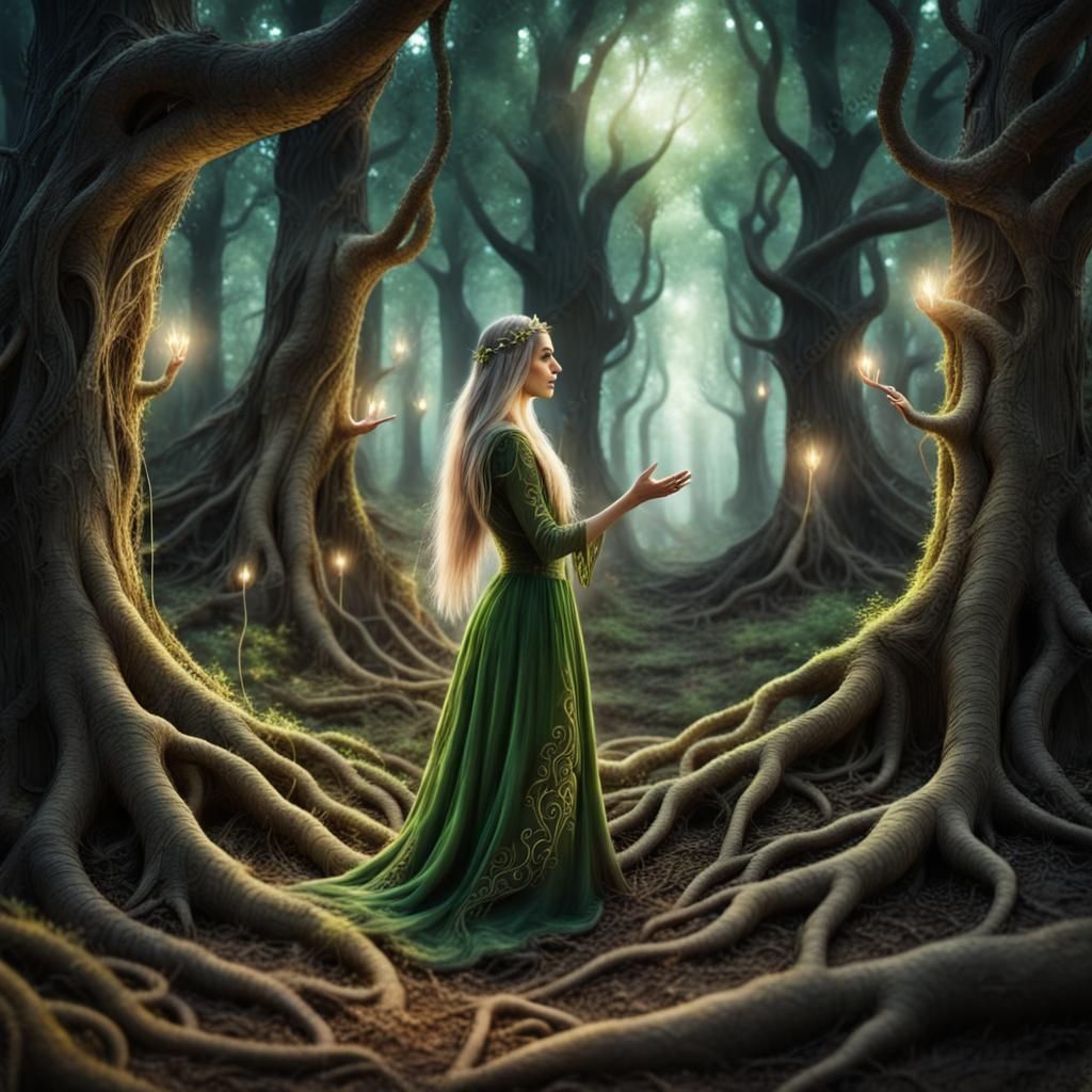 Luminous Grove: Elf Touches Forest Roots