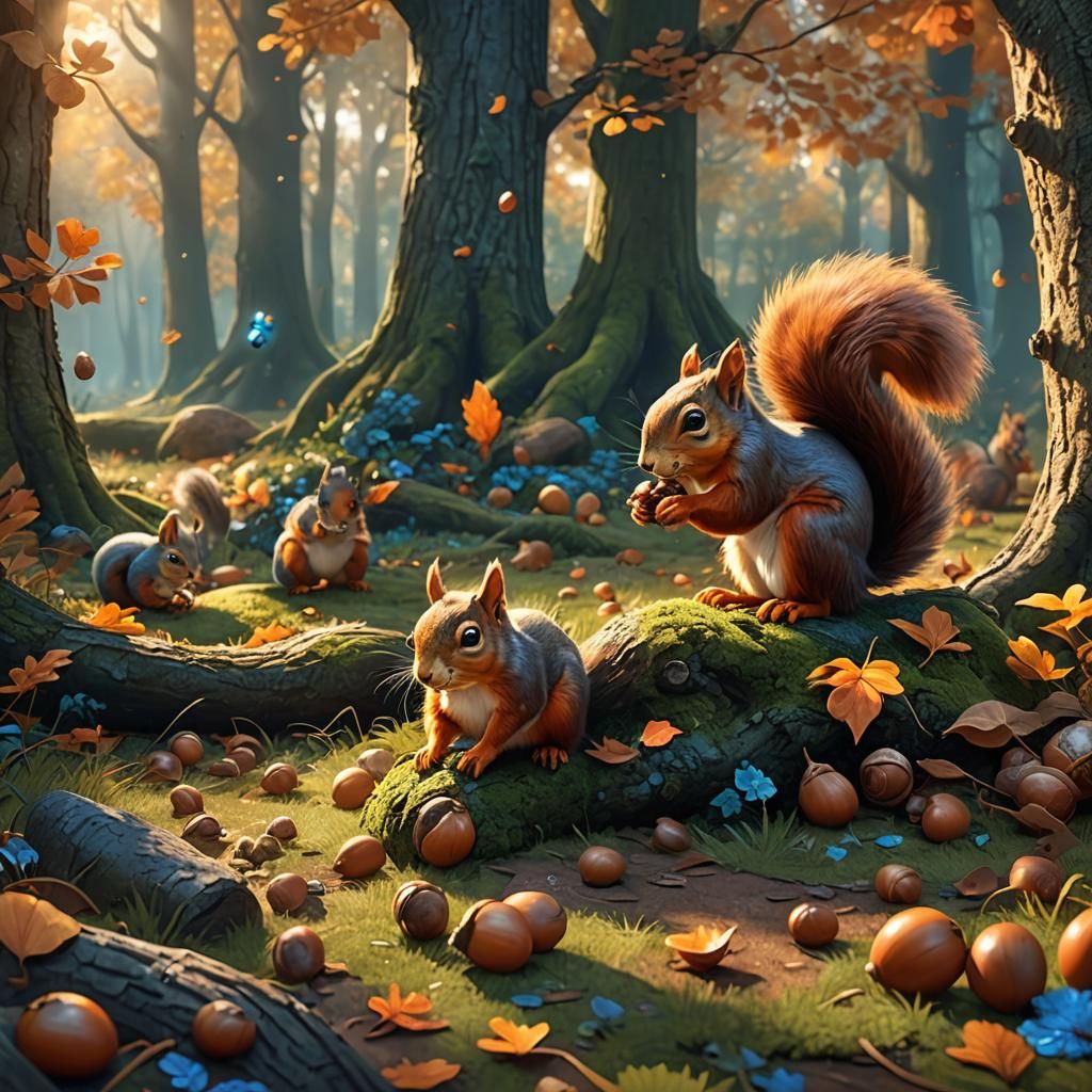Squirrels Playing in Forest Glade: Digital Concept Art