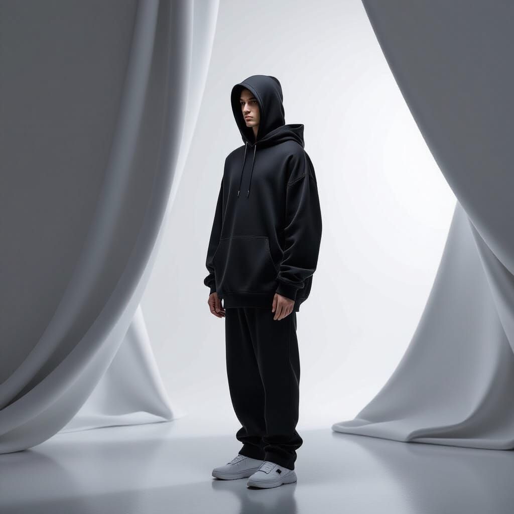 Modern Matte Black Hoodie with Flowing Gray Lines