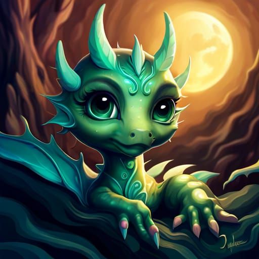 Cute Green Dragon Portrait in Fantasy Art Style