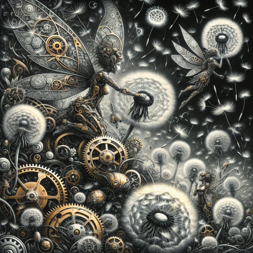 Steampunk Fairies Making Wishes in Dandelion Dreamscape