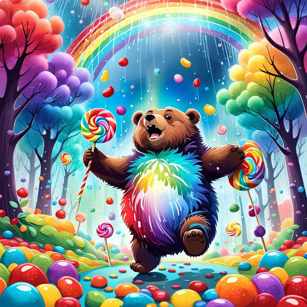 Cute Cartoon Bear Cub in Candy Forest