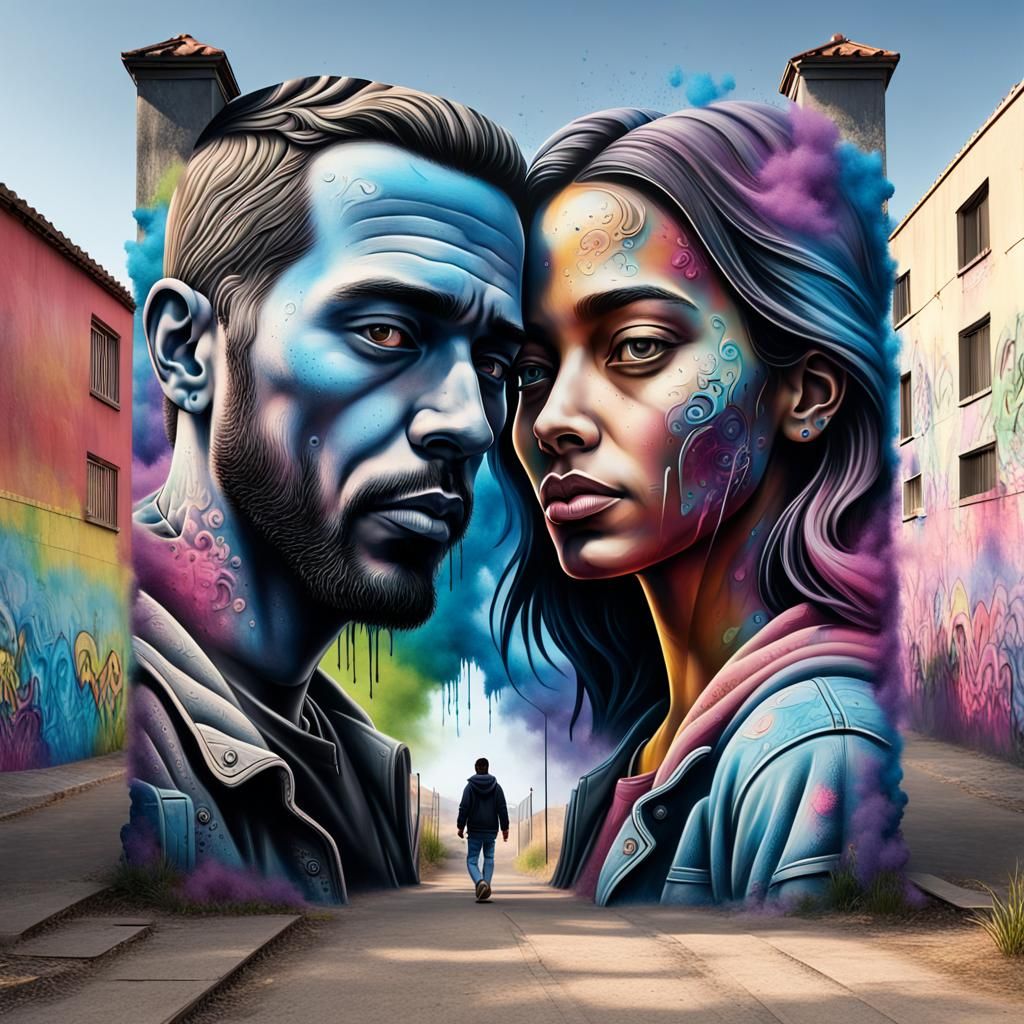 Graffiti Art: Couple Walking into Land of Love