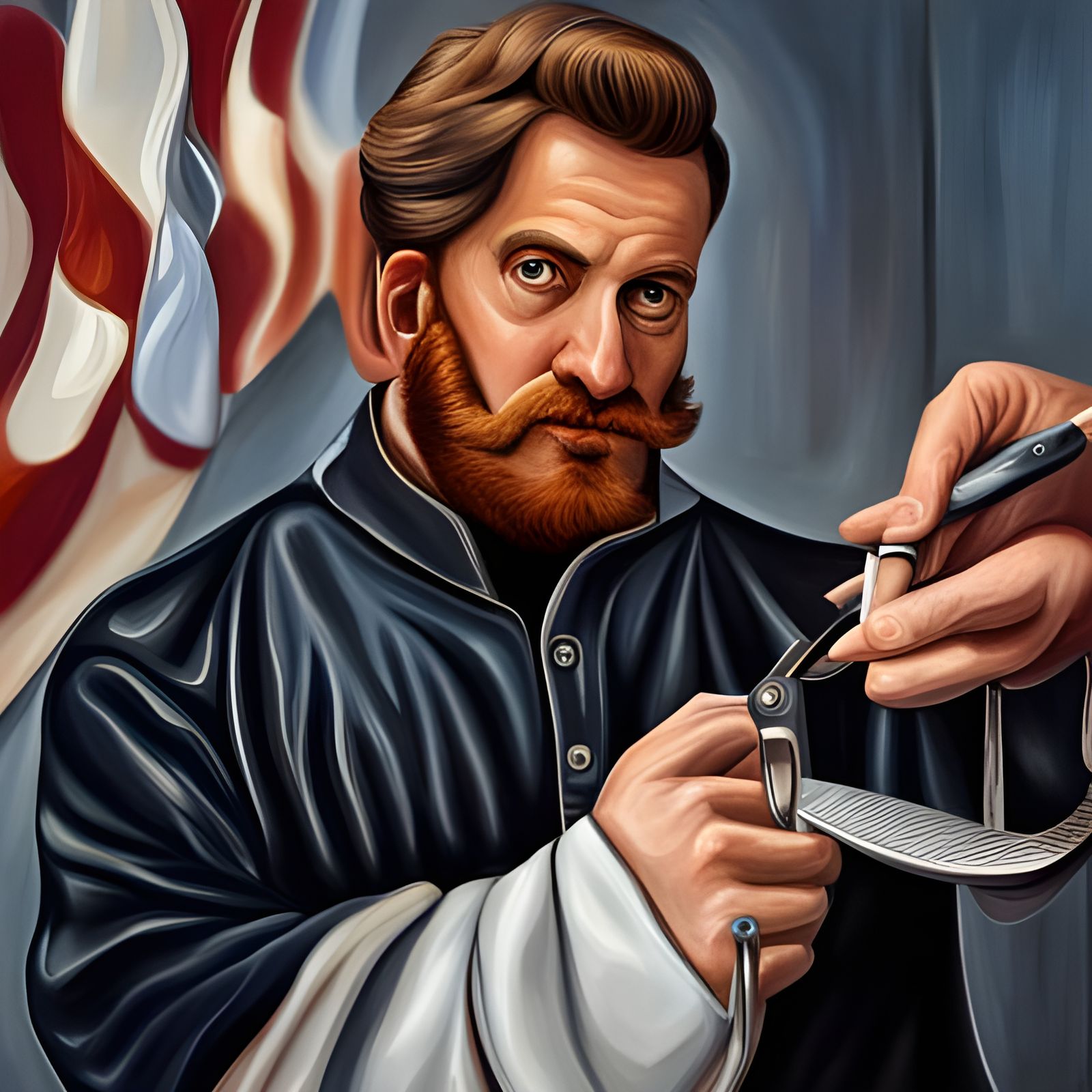 Barber Holding Scissors in Detailed Painting
