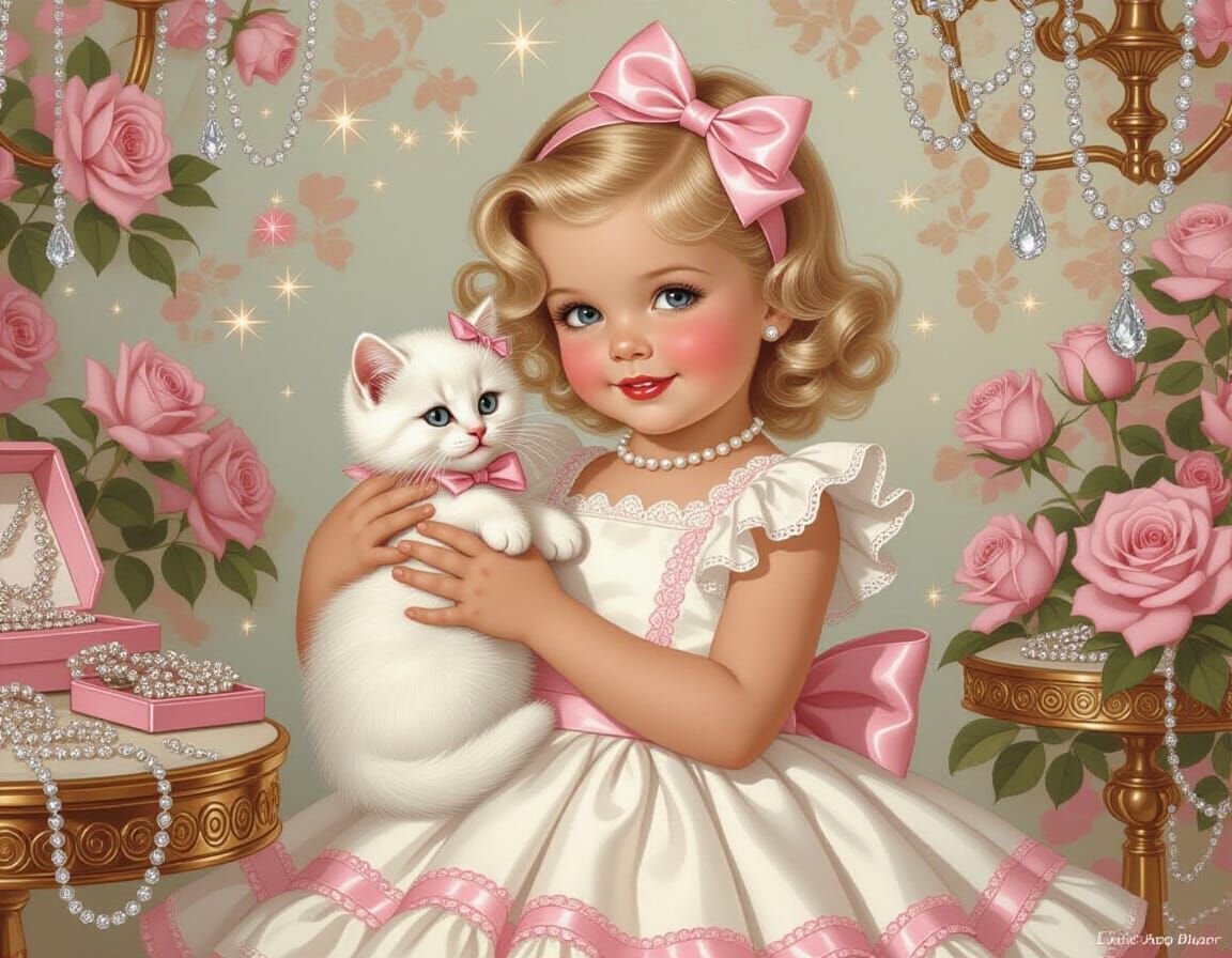 Girl Kitten Jewelry Shopping Nostalgic Art