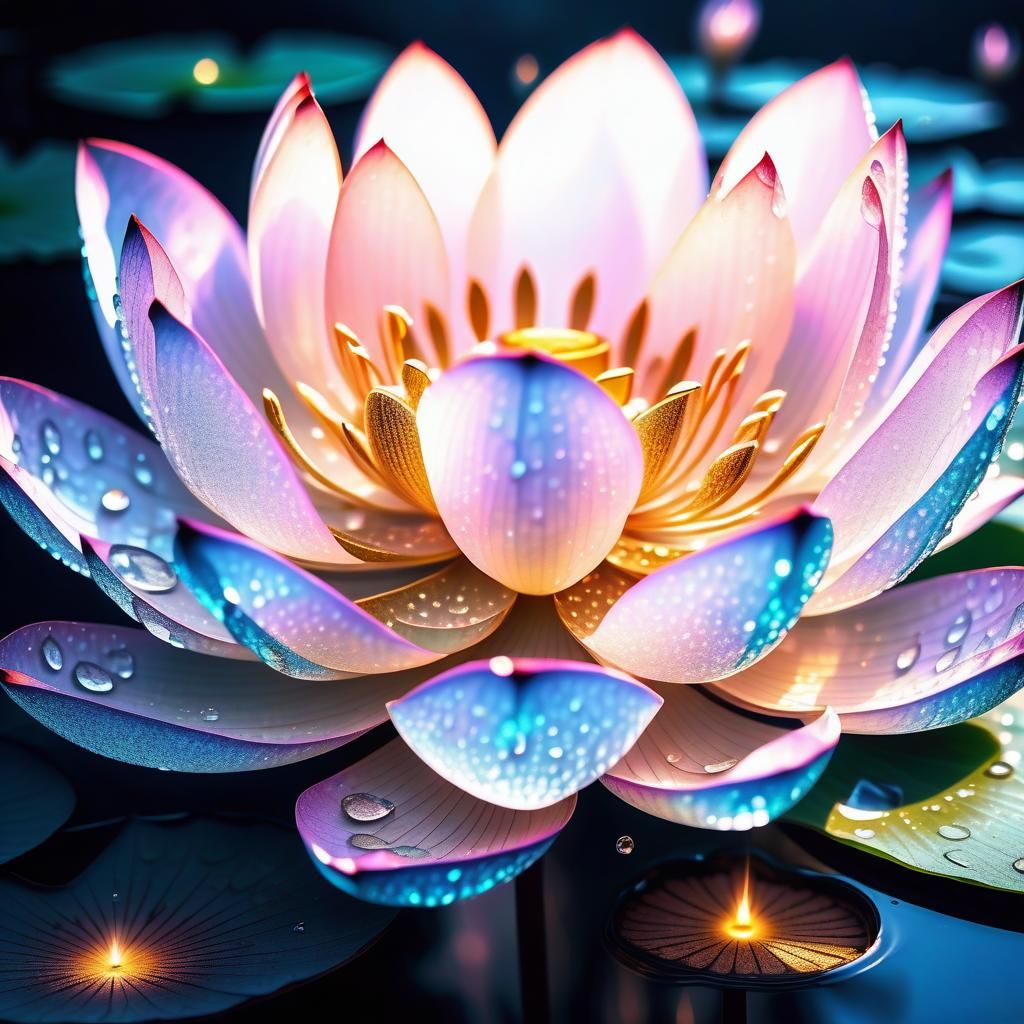 Crystal Lotus Flower with Iridescent Dew Drops