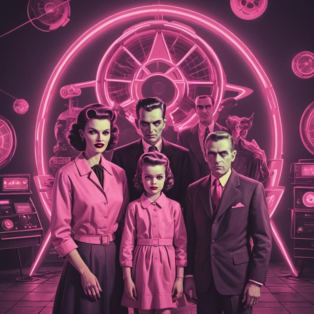 1950s Vampire Family in Synthwave Neon Style