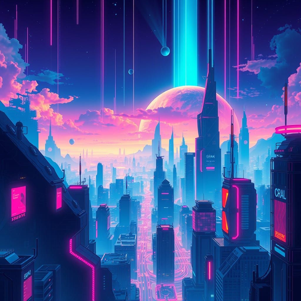 Futuristic Cityscape Under Neon Skies