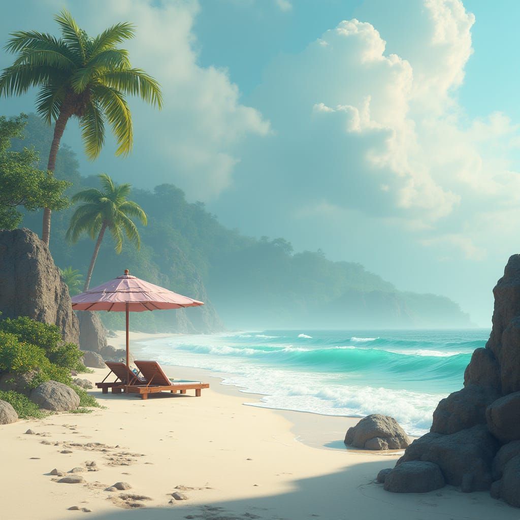 Surreal Beach Scene in Misty, Cloudy Atmosphere