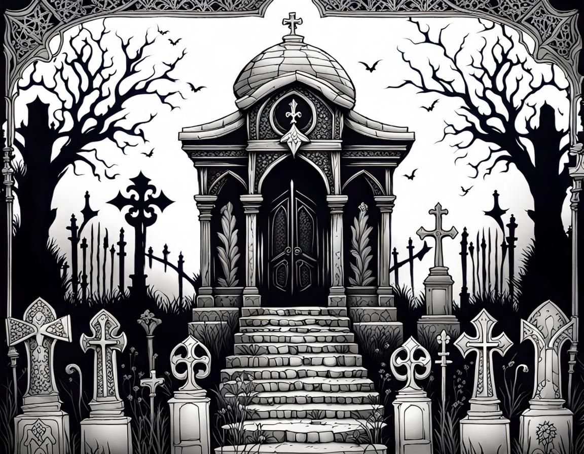 Creepy Graveyard Mausoleum: Symmetrical Line Art Illustratio...