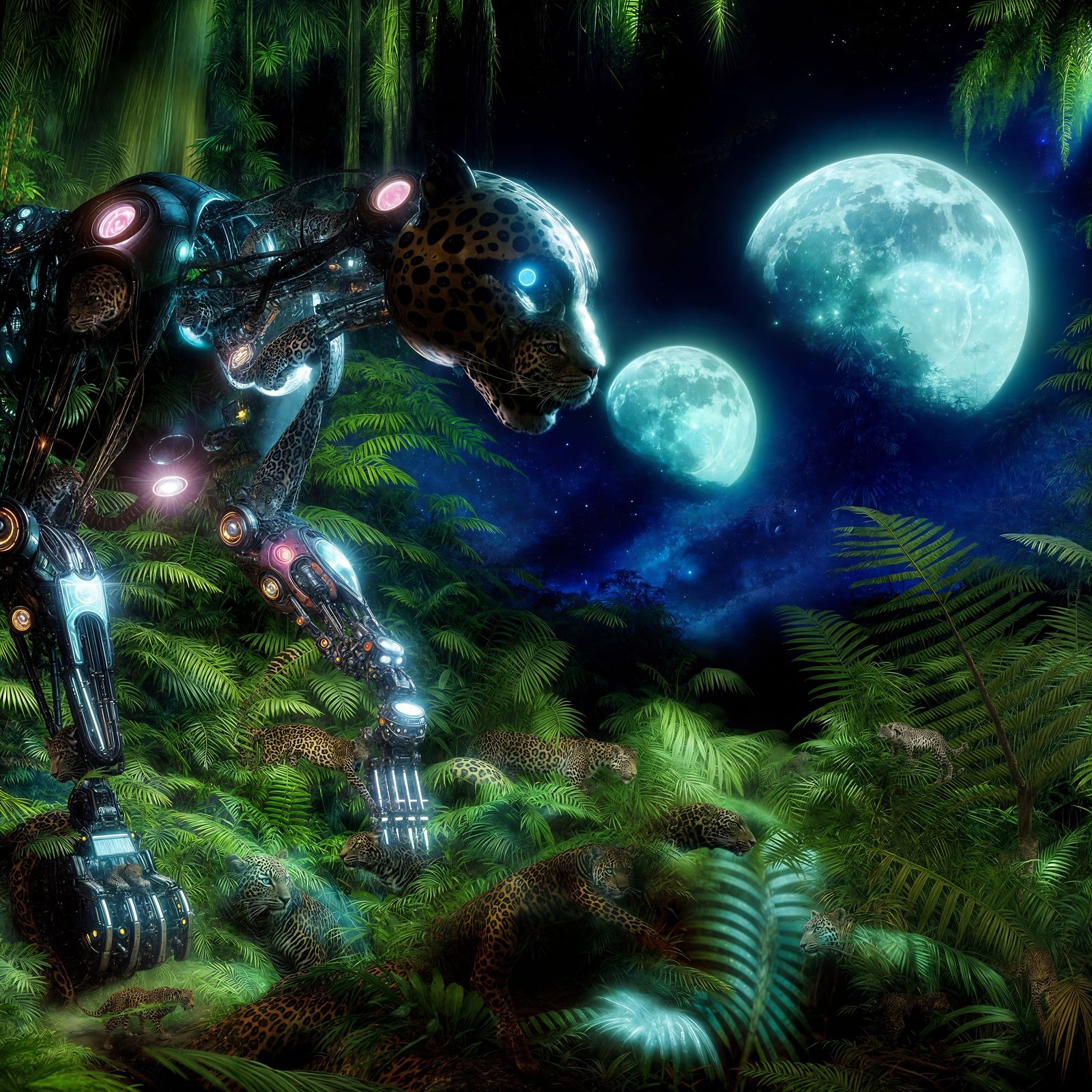 Surreal Cyberpunk Leopard Embarks on Stealthy Amazon Jungle....