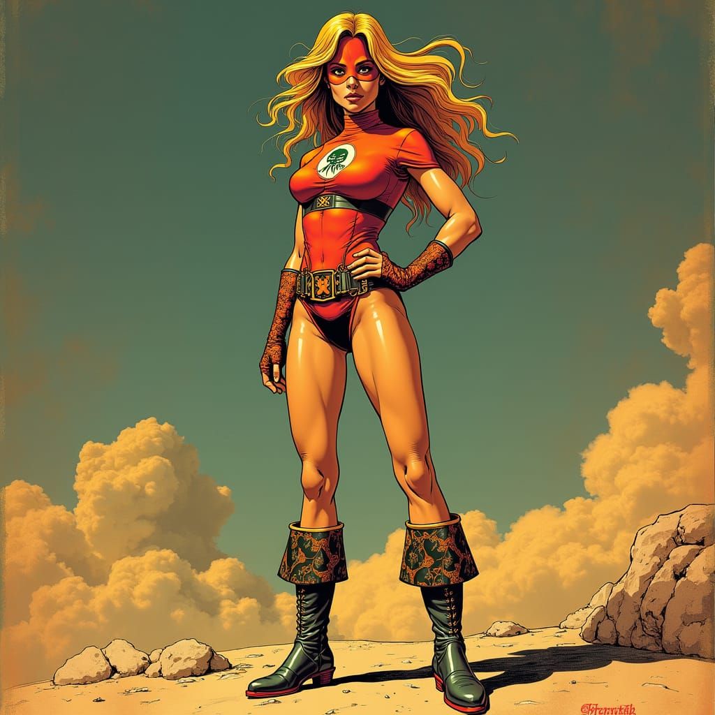 Vintage Bronze Age Female Superhero Portrait in Bold Colors