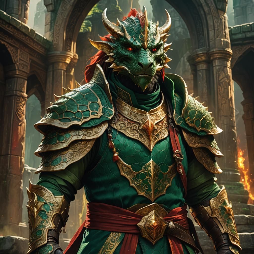 Dragonborn Paladin in Emerald Monk Robes