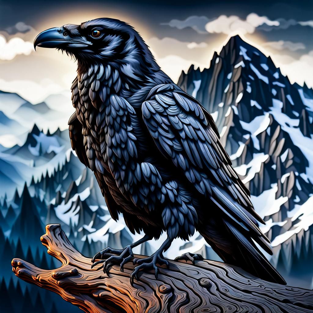 Raven Logo with Mountain in Hyperrealistic Style