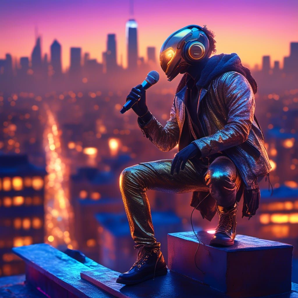 Rooftop Singer in Sci-Fi Cityscape Concept Art