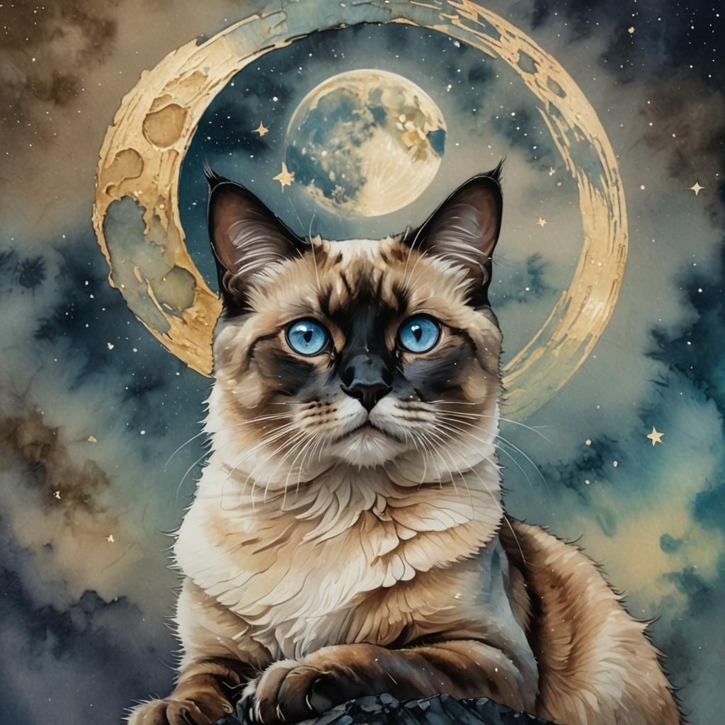 Calico Cat Gazing at Moon: Surreal Alcohol Ink Art