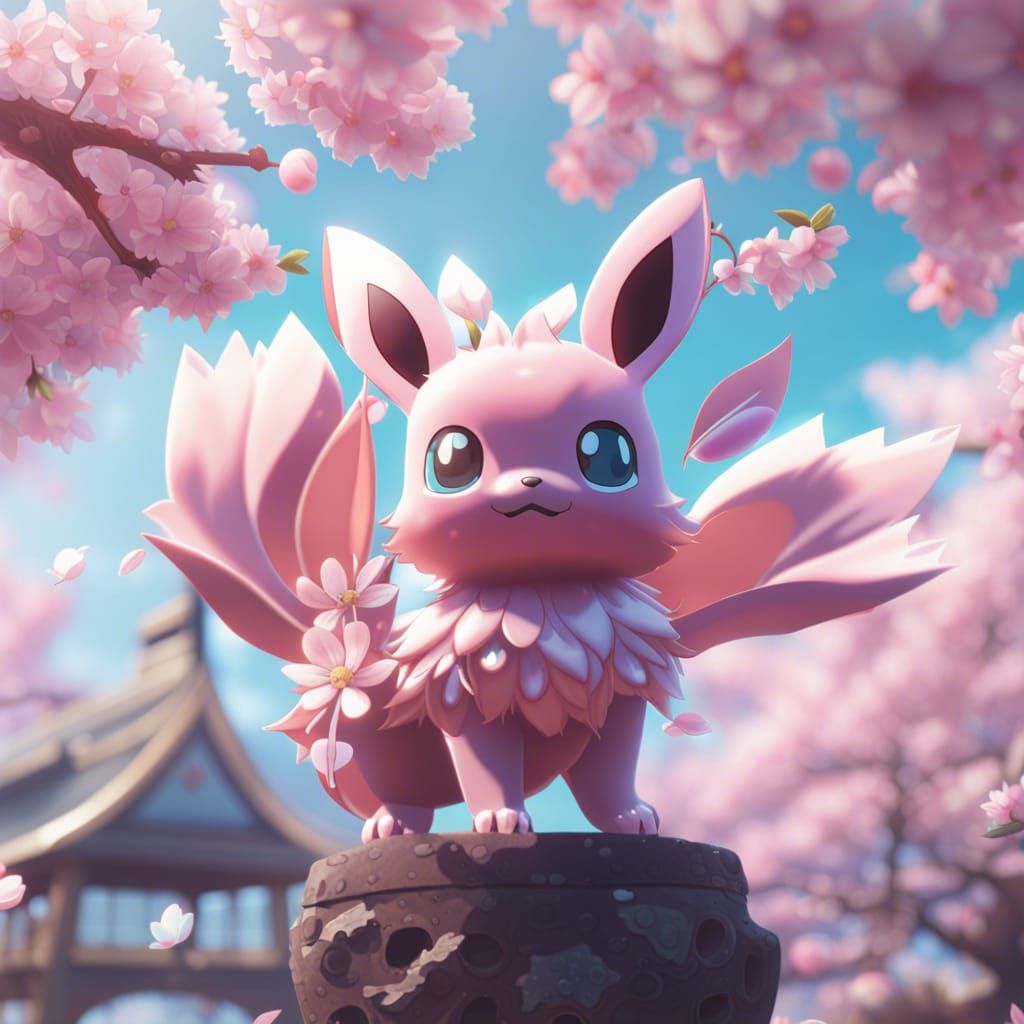 Pastel Eevee with Cherry Blossoms: Digital Art