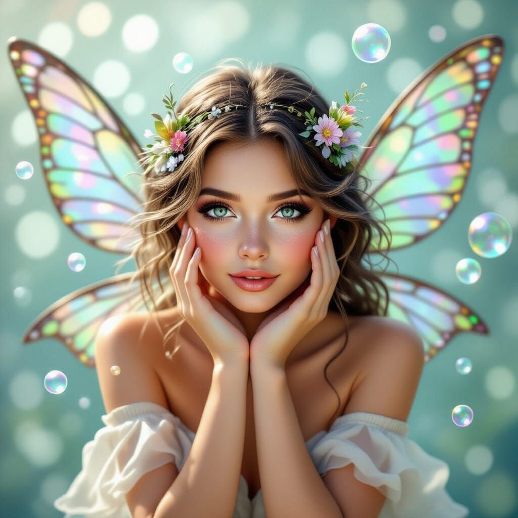 Sparkling Fairy with Iridescent Wings and Bubbles