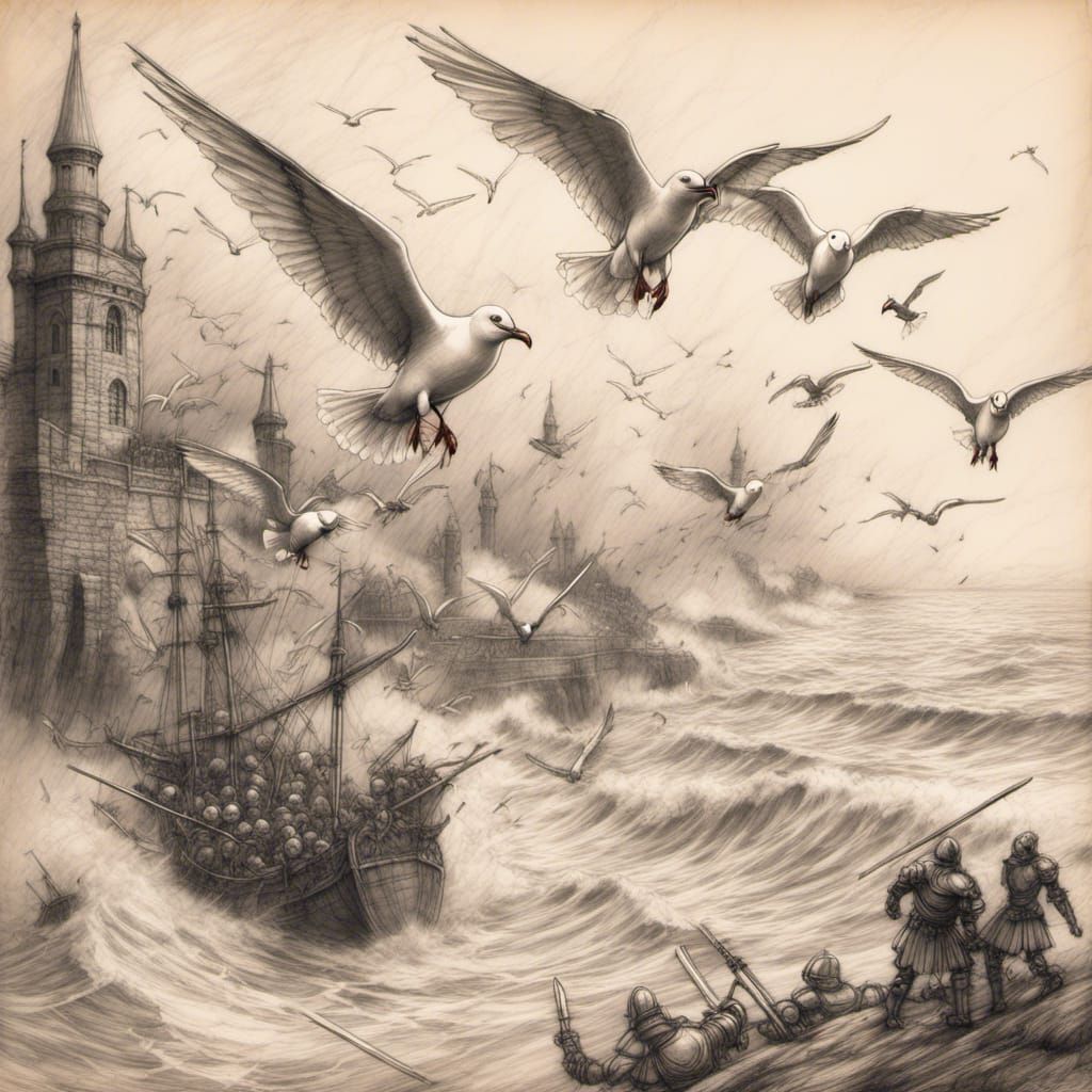 Seagulls Attack Knights: A Rough Pencil Sketch