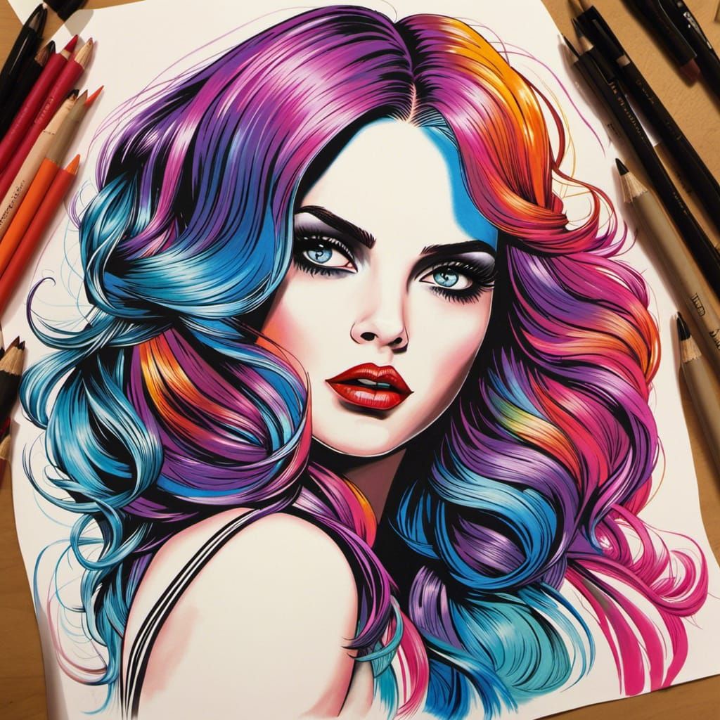 Grayscale Sketch of Woman with Rainbow Hair