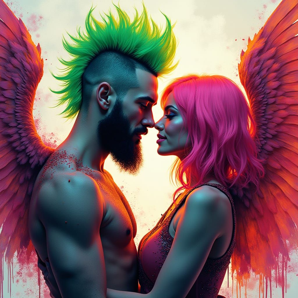 Ethereal Couple Embracing with Fiery Angel Wings in Vibrant ...