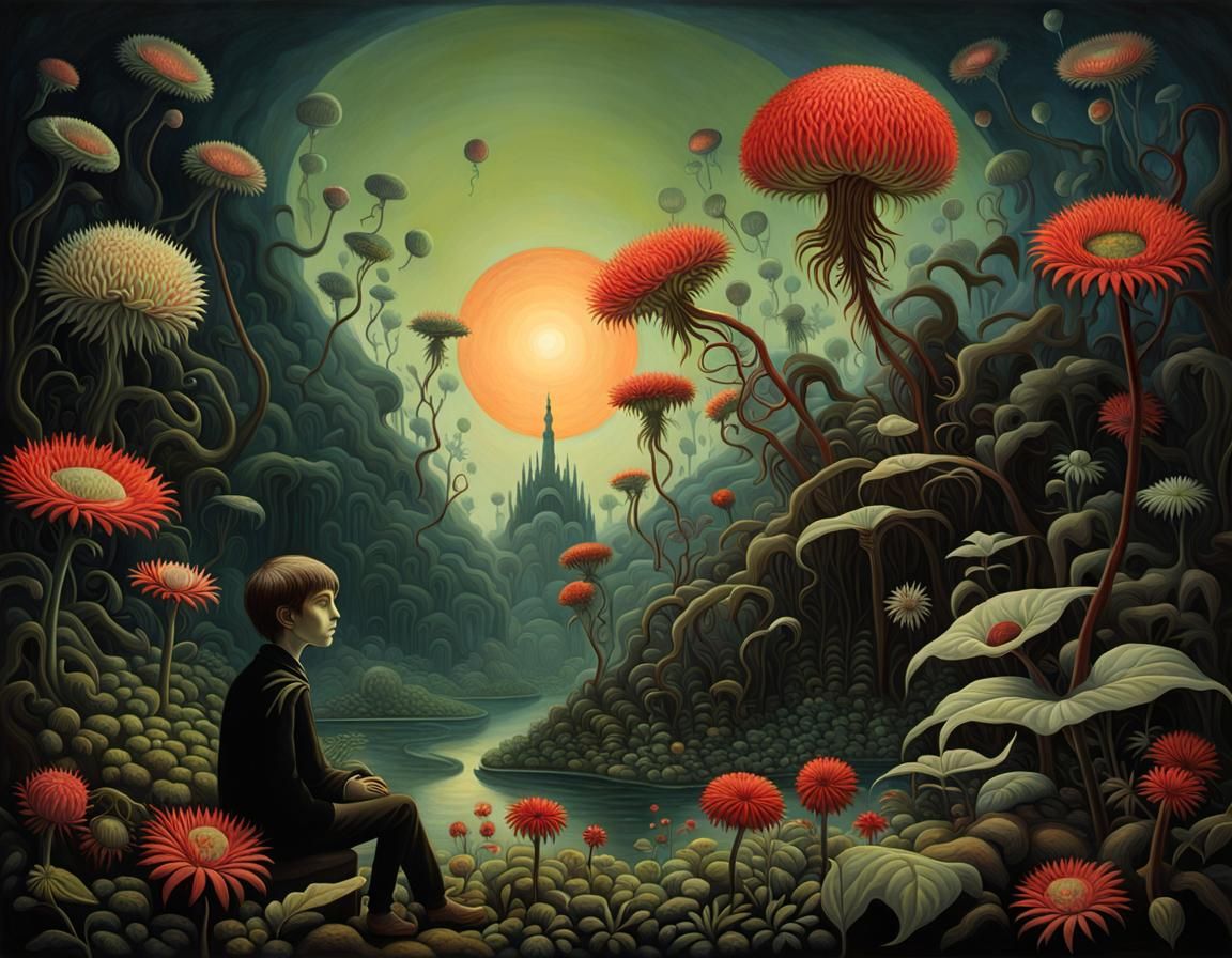 Eerie Liminal Landscape with Boy and Alien Flowers
