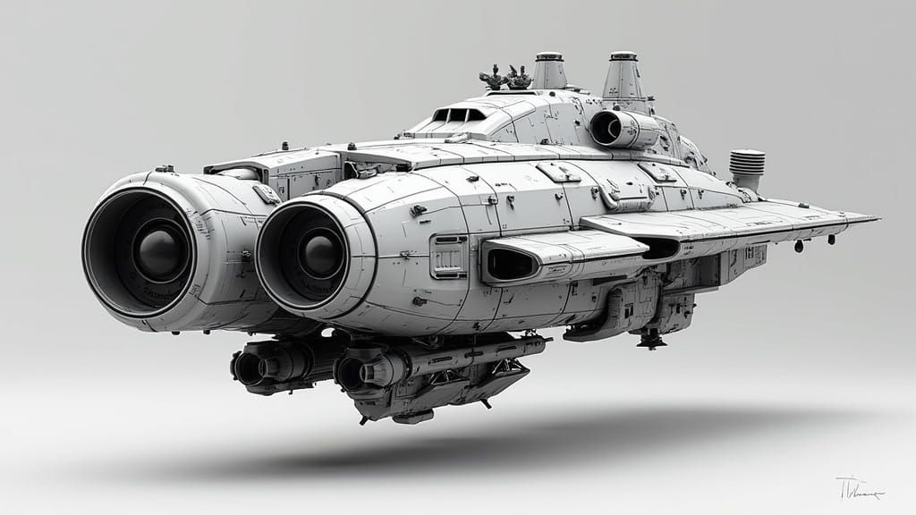 Elongated Futuristic Spacecraft in Stark Black and White