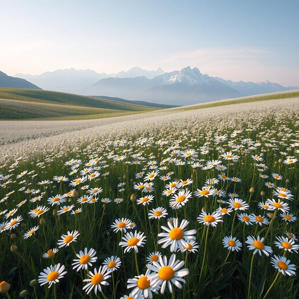 Vibrant Daisies and Majestic Alps in a Photorealistic Landsc...