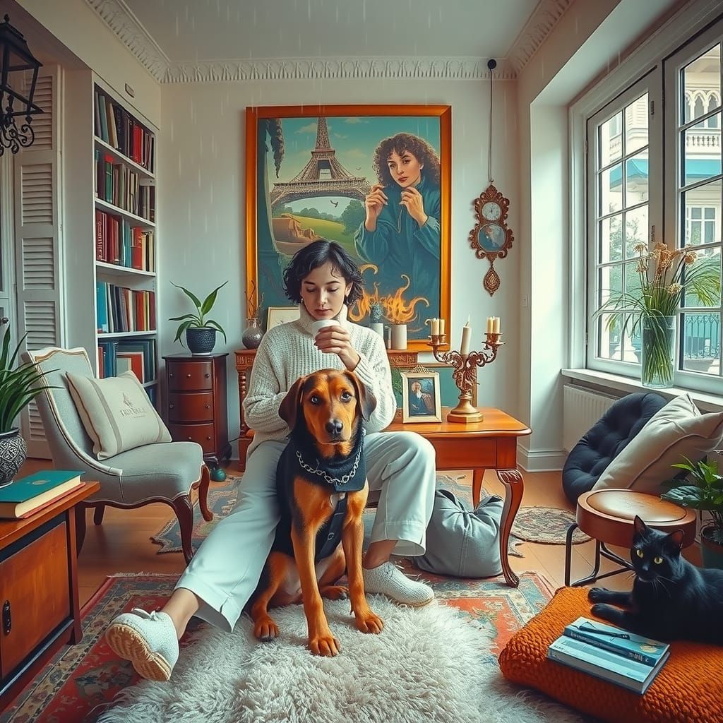 Cozy Reading Room with Woman and Dog